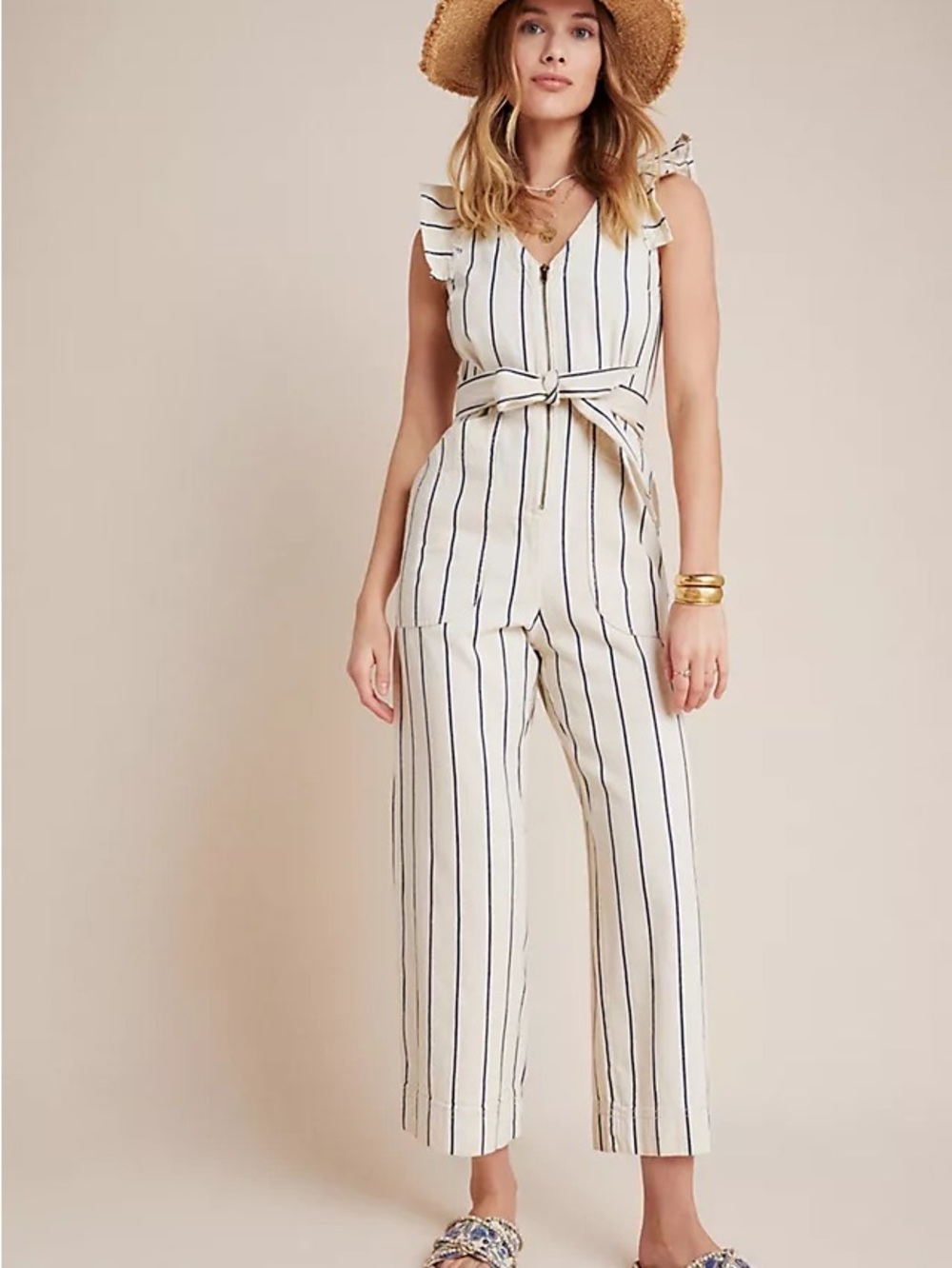Anthropologie Cream Jumpsuit with Navy Pinstripes